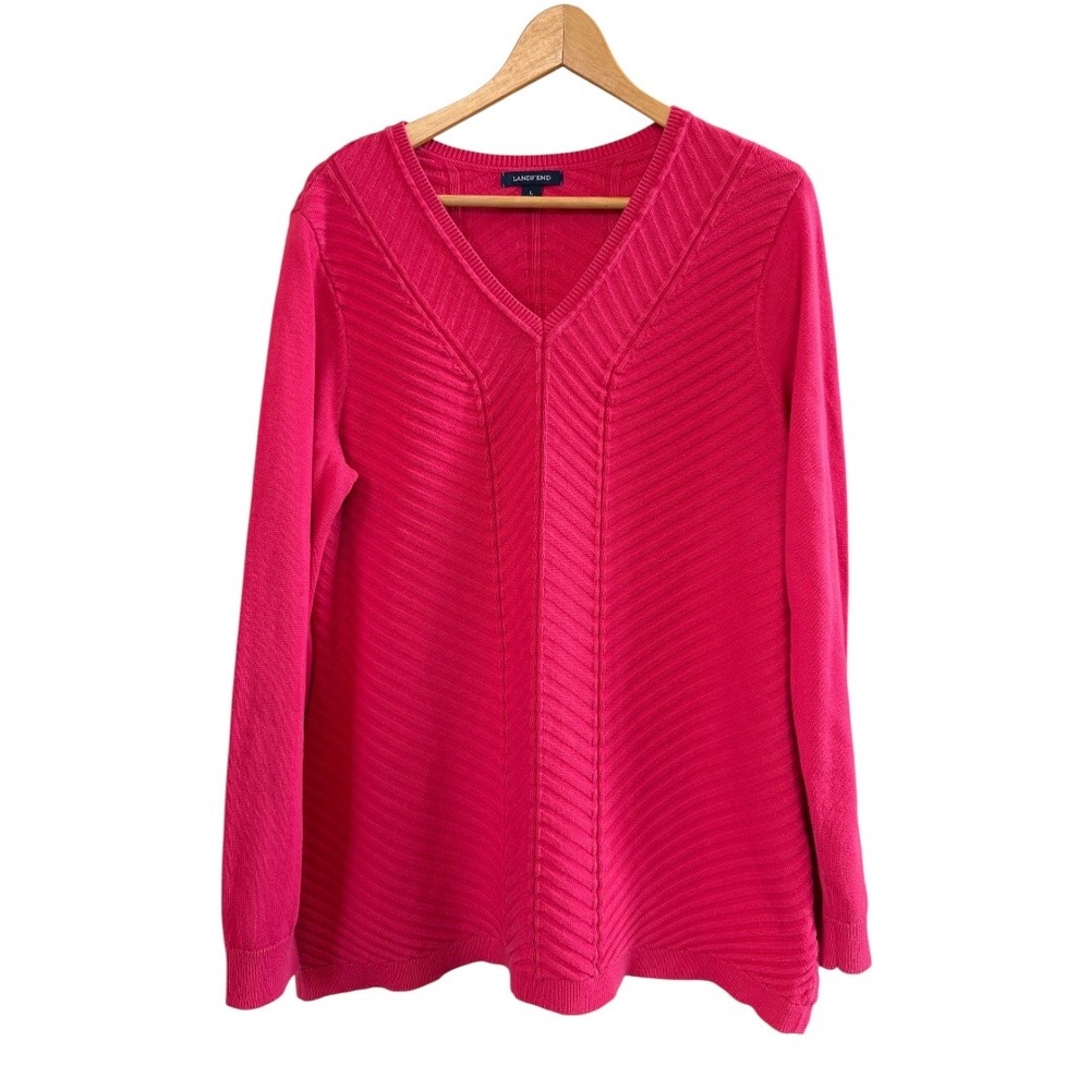 Wms Bright Pink Lands' End Patterned V-Neck Long Sleeve Tunic Sweater L (14-16)